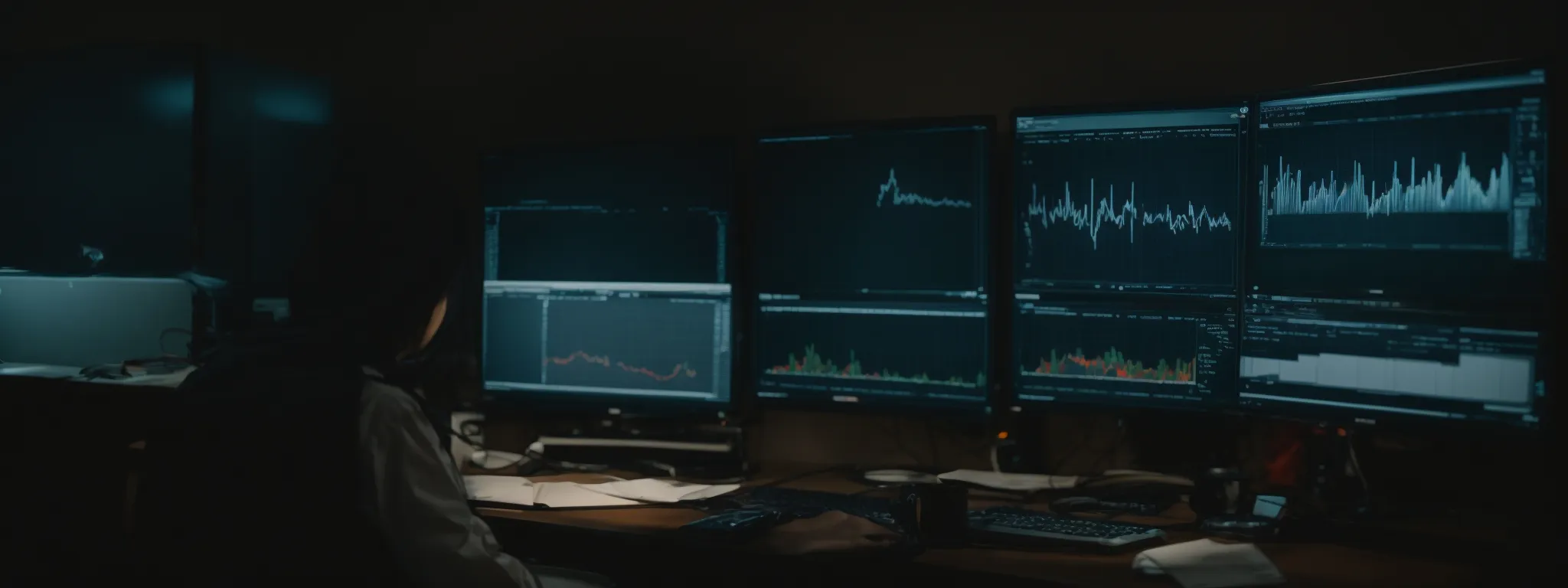 a person sitting at a computer monitoring the analytics of a website that just implemented structured data optimization.
