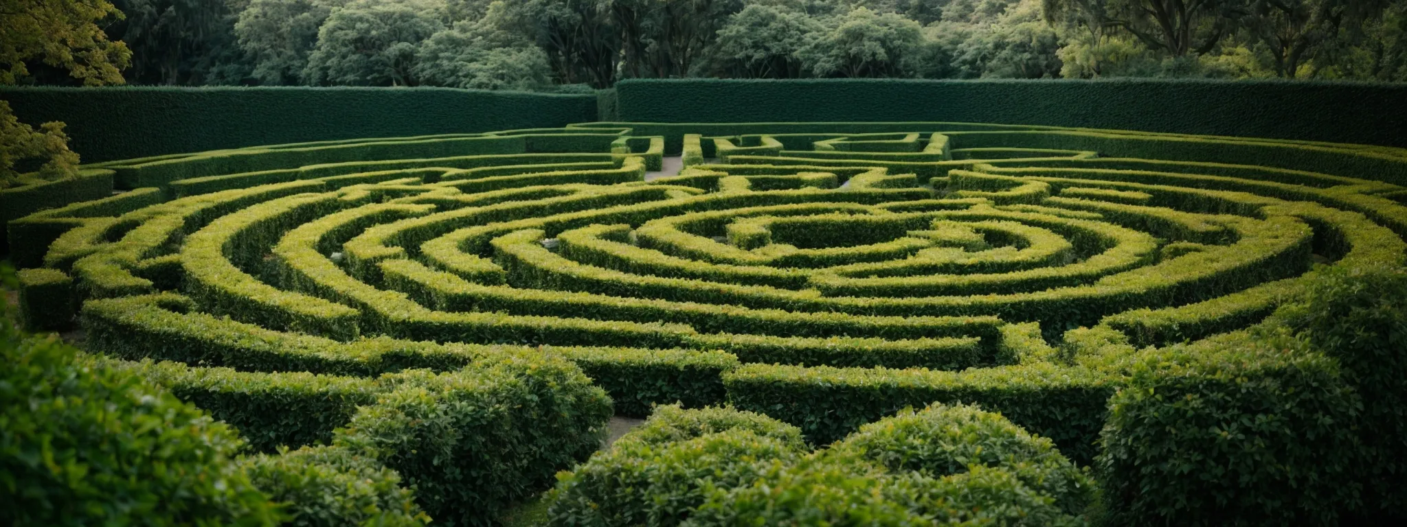 a maze intricately carved into a lush garden to represent the complex challenge of mastering backlink strategies in the seo world.