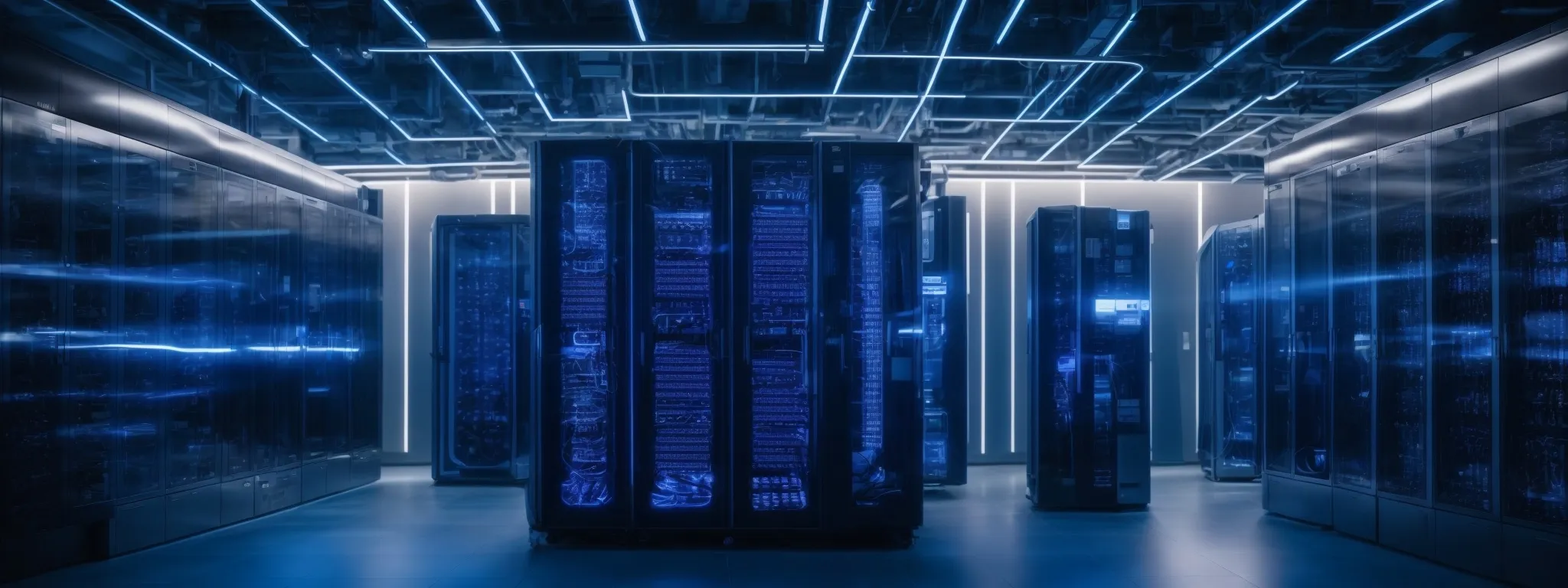 a server room illuminated by blue lights with a clear path down the center, symbolizing the optimized structure and speed of technical seo infrastructure.