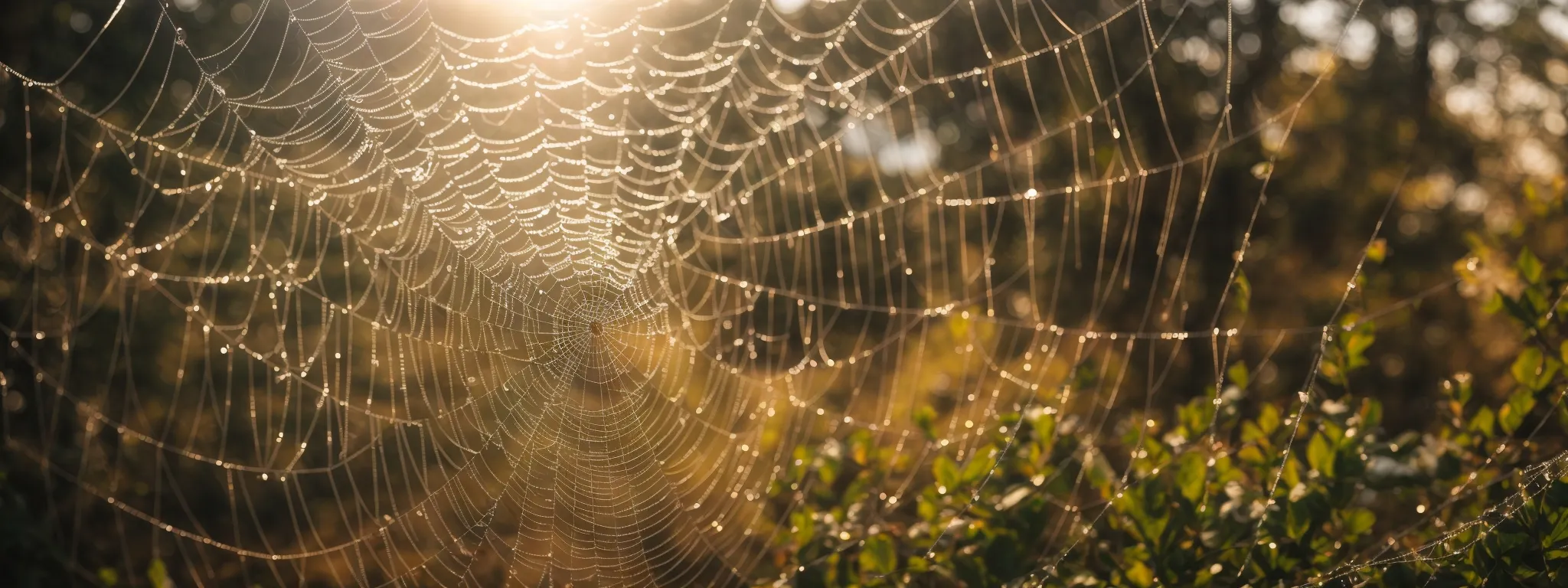 a close-up of interwoven spiderwebs glistening in the sunlight.