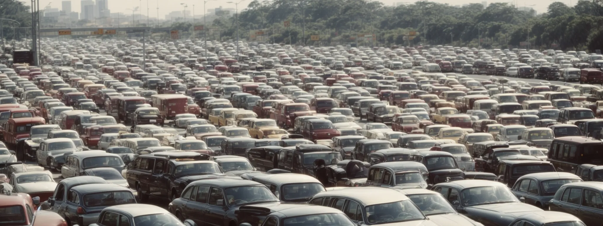 a congested highway full of stationary cars as shoppers rush to physical stores, analogous to increased online traffic.