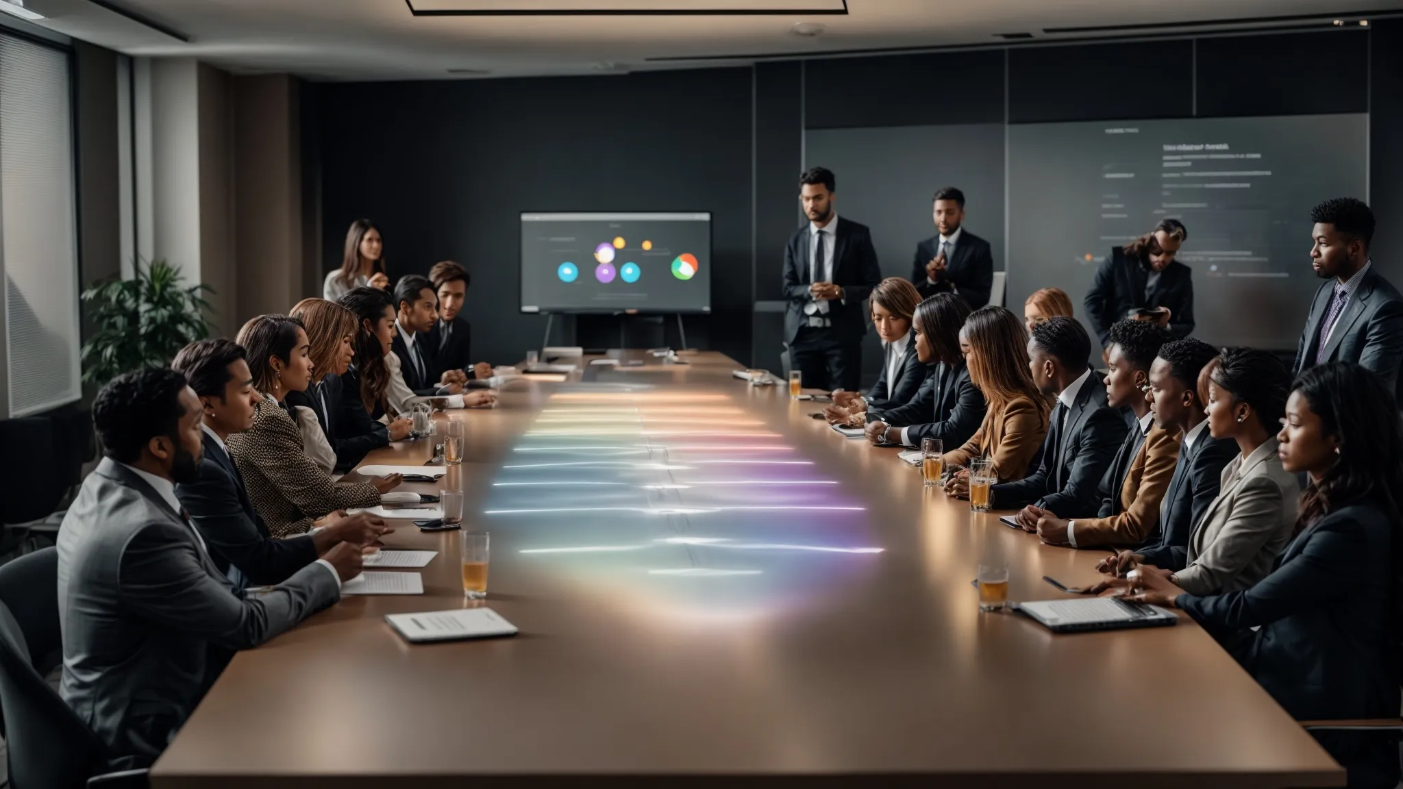 a diverse group of professionals gathers around a sleek, modern conference table, examining a bright, projected infographic illustrating a comparison of top crm platforms.