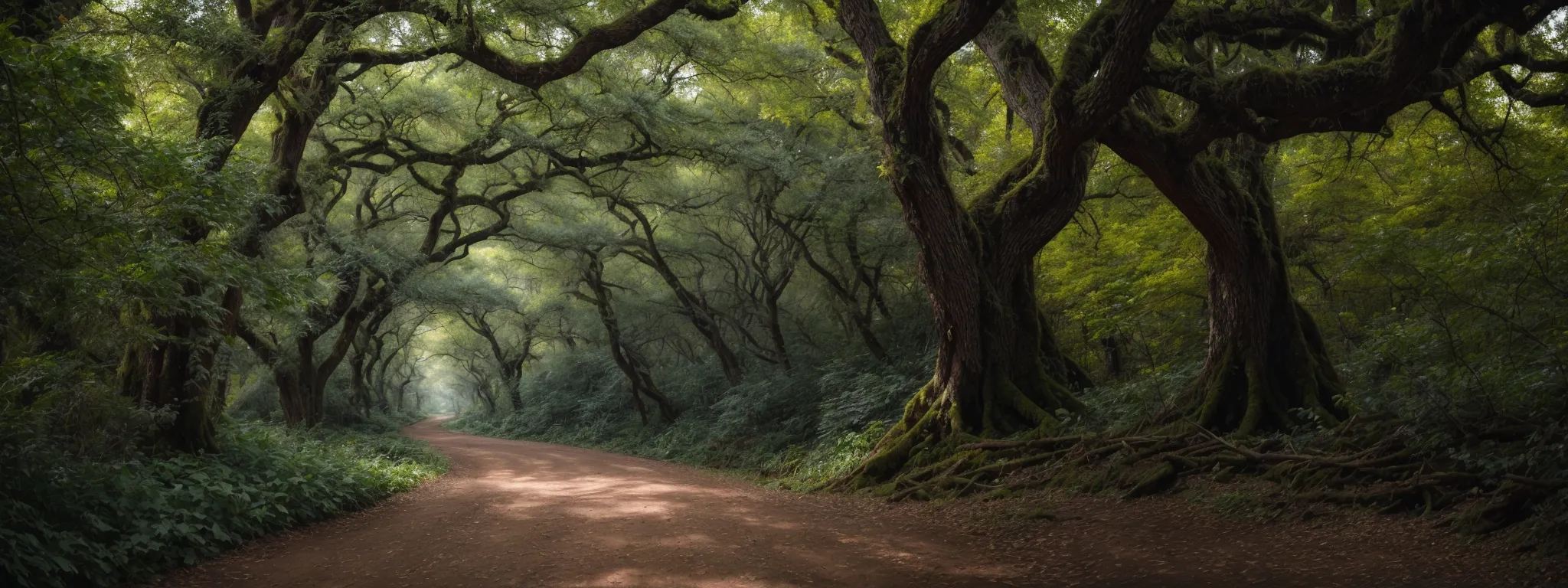 a serene forest path diverging in two directions under the canopy of ancient trees.