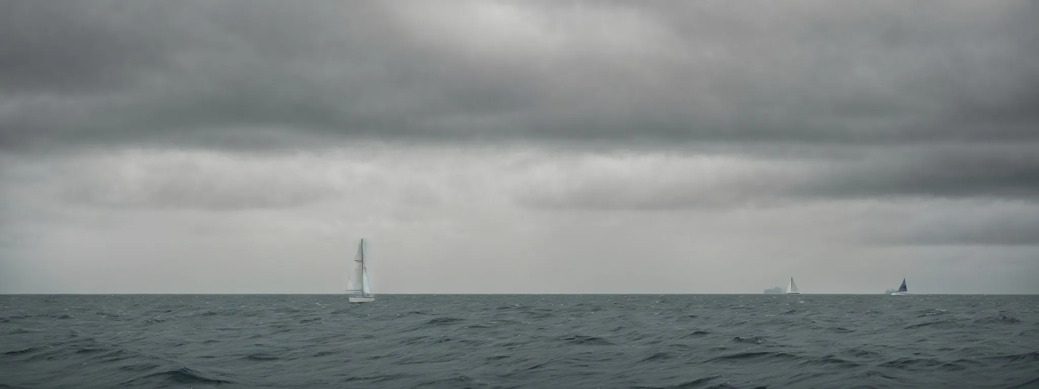 a lone sailboat aimlessly adrift in a vast, featureless ocean under a cloudy sky.