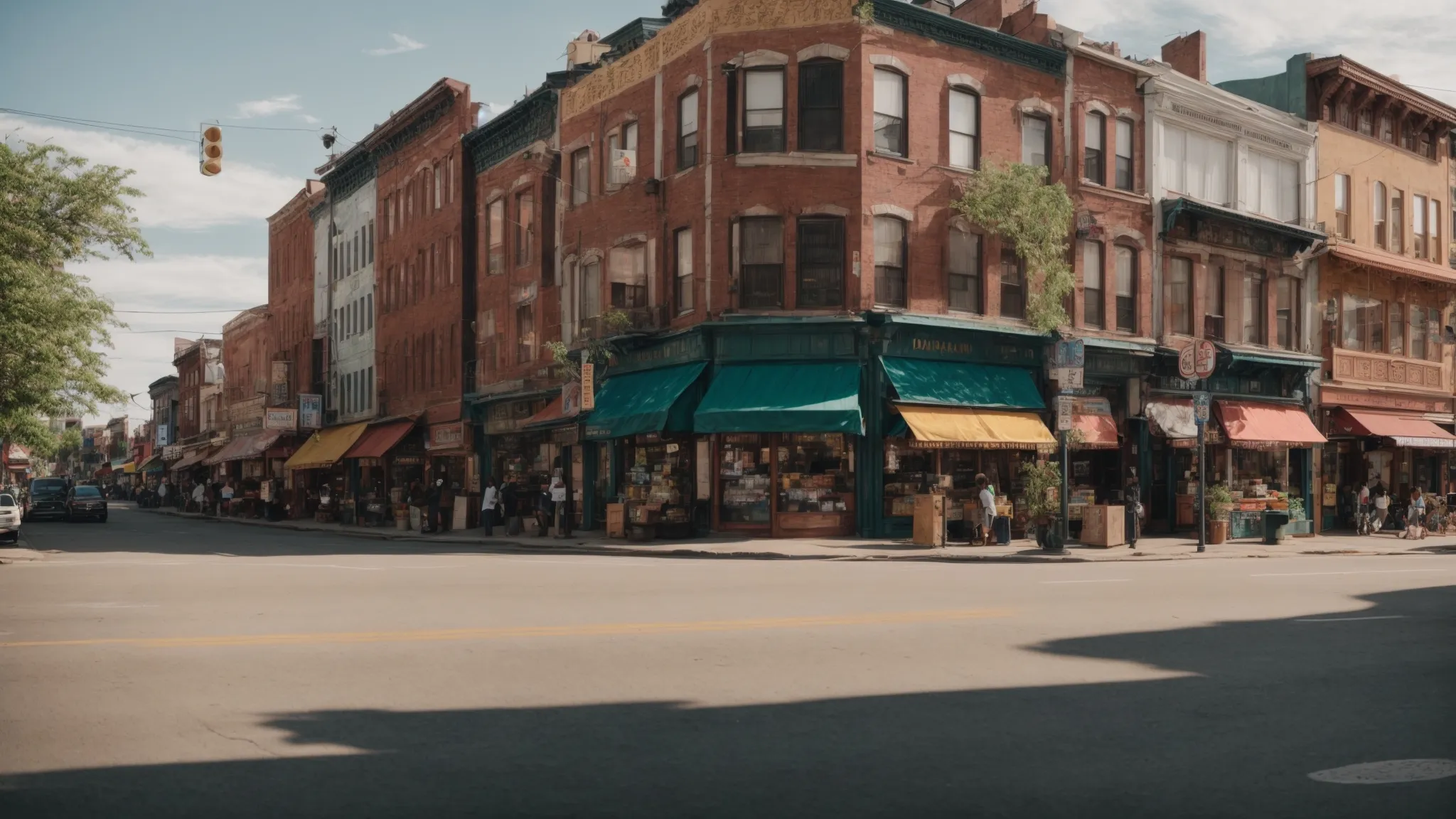 a panoramic view of a bustling city street corner with diverse storefronts, highlighting the vibrant activity of local businesses.