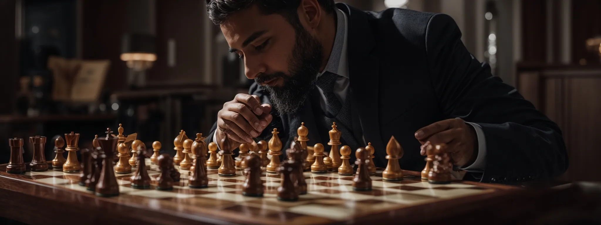 a strategist contemplating over a chessboard, symbolizing the planning behind competitive keyword targeting.