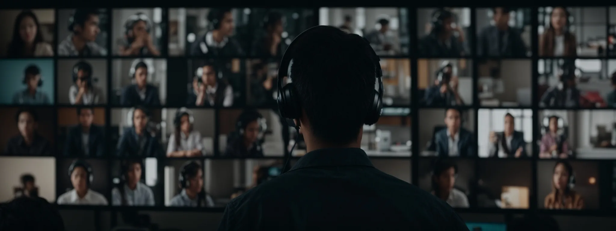 a person wearing a headset, gazing at a large screen displaying multiple video call participants with virtual backgrounds.