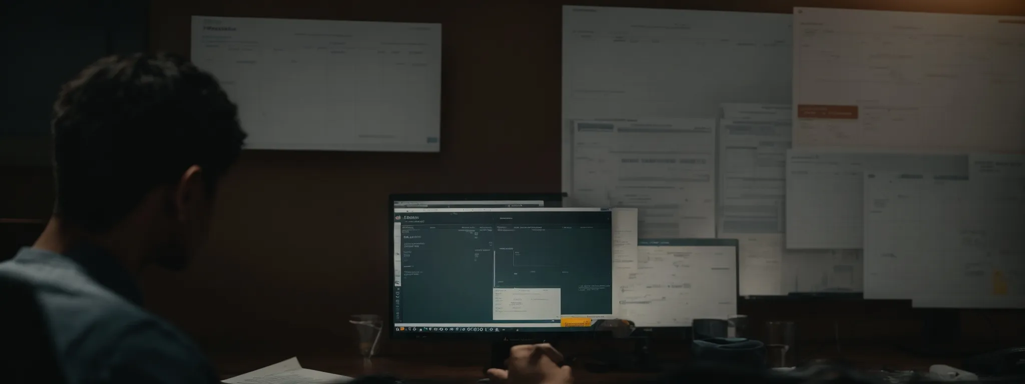 a scene with an individual analyzing detailed analytics on a computer screen while surrounded by organized notes and a digital calendar indicating key project milestones.