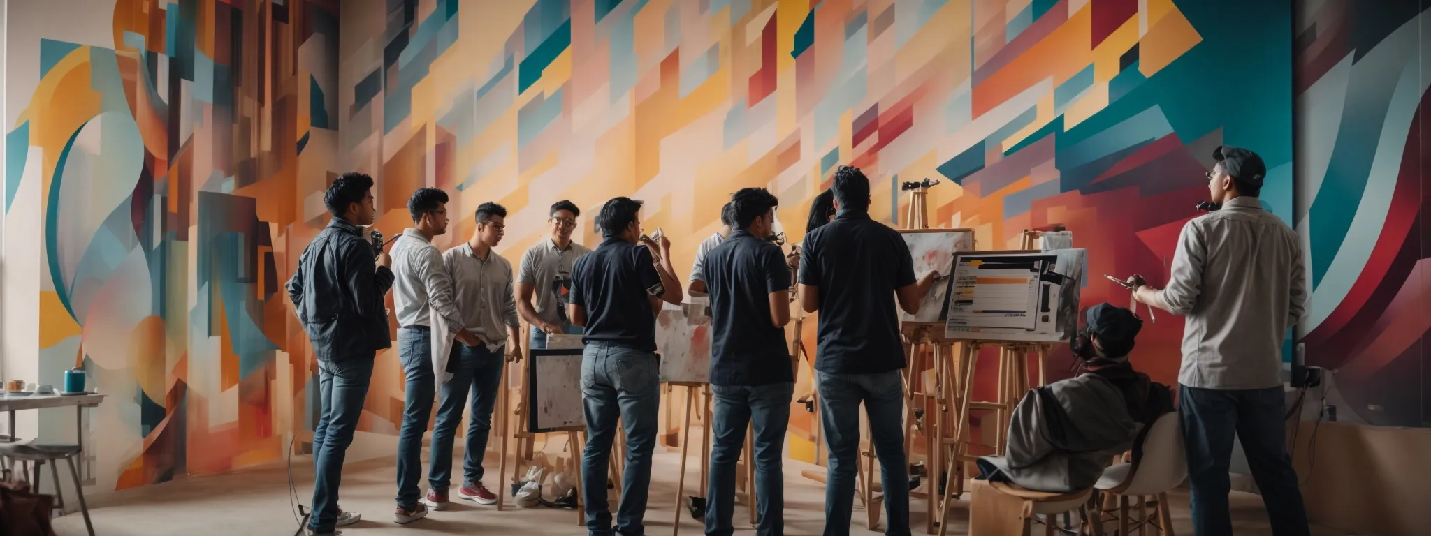 a muralist paints a vibrant, abstract mural while a group of marketers discuss strategy in front of a giant analytics dashboard.