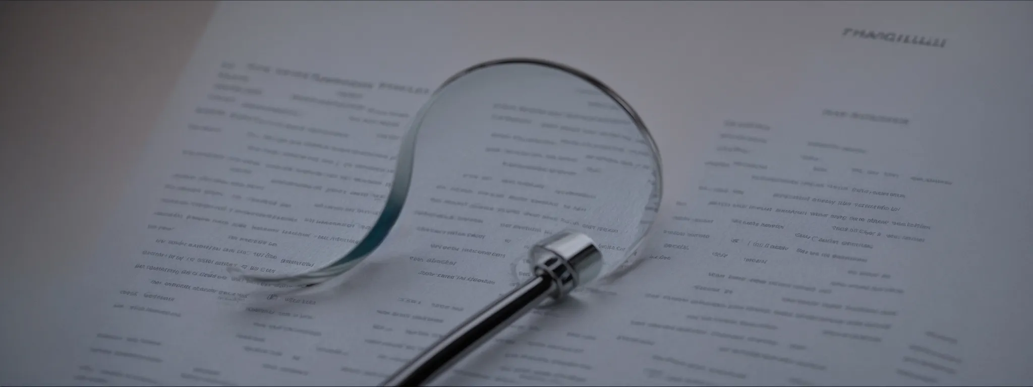 a magnifying glass hovering over a stack of identical looking papers on a desk.