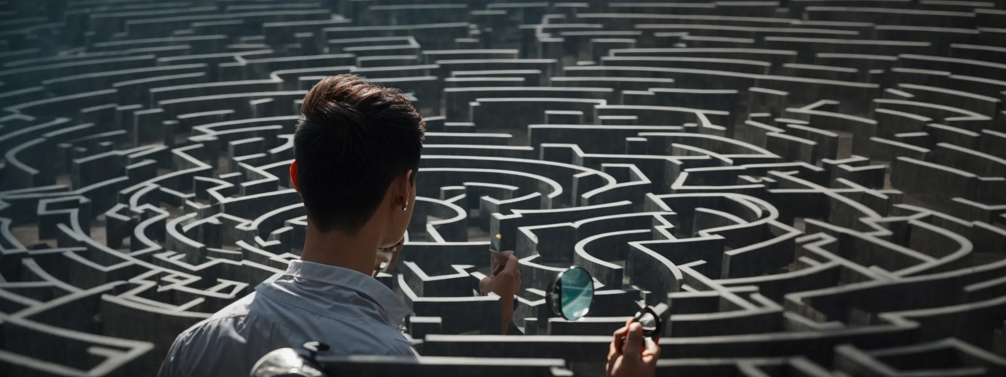 a person intently examines a magnifying glass over a complex maze, symbolizing the search for niche seo strategies.