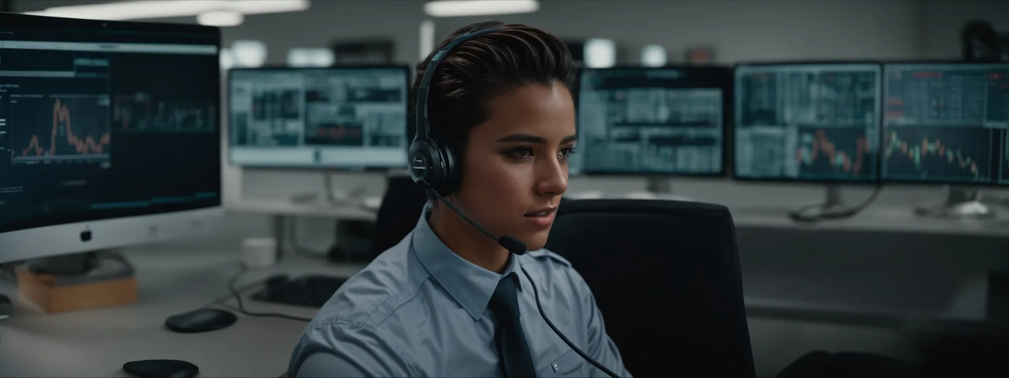 a customer service representative wearing a headset while interacting with a sleek and modern interface on a computer screen.