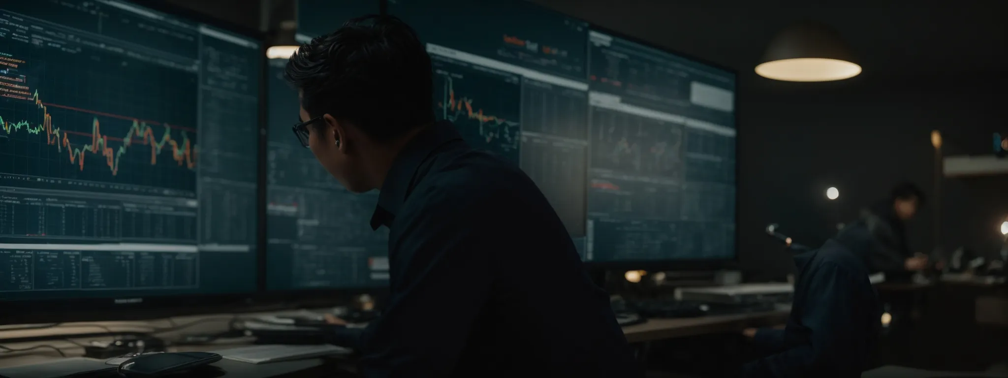 a marketing strategist explores a digital keyword analytics dashboard on a large screen, illuminating their focused expression amidst a dimly lit office.