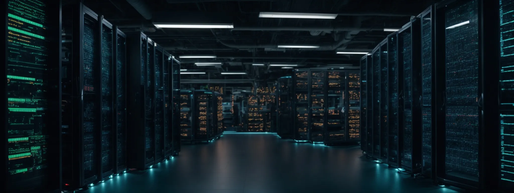 a server room with rows of computer racks and a central monitoring screen displaying a data analytics dashboard.