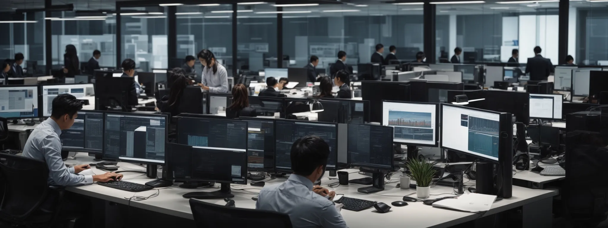 a busy corporate office with teams collaborating around high-tech computers and digital analytics displayed on monitors.