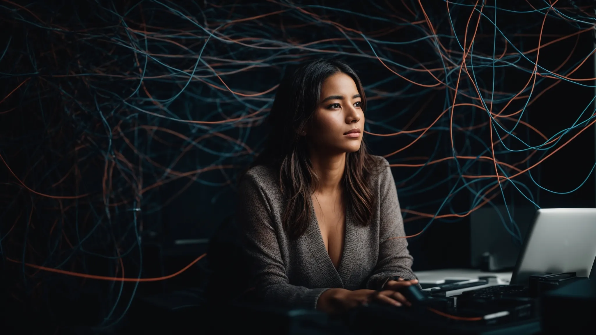 a woman sits in front of a computer, visibly stressed, with a maze of network cables in the background.
