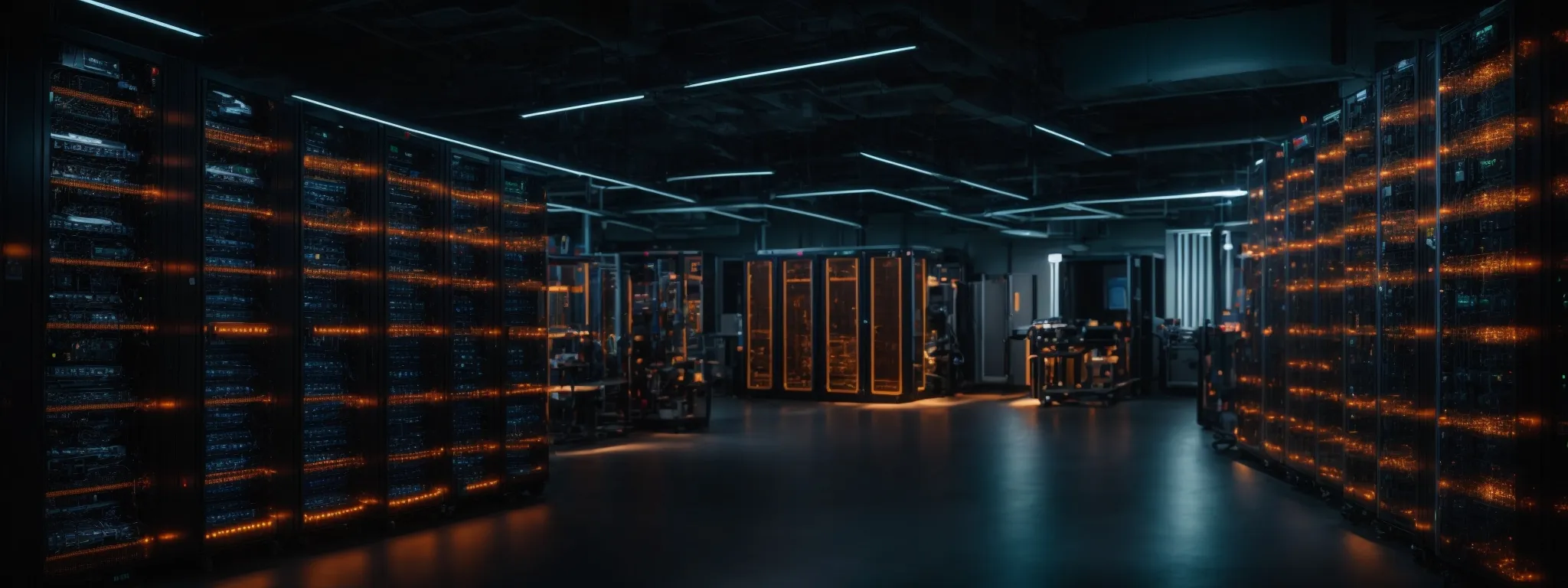 a server room with glowing lights indicating active web servers optimized for speed and performance.