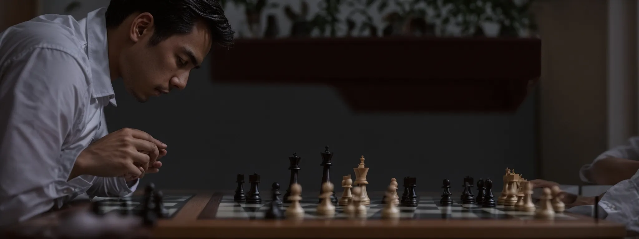 a chess player pondering a strategic move on a quiet, focused chessboard setup.