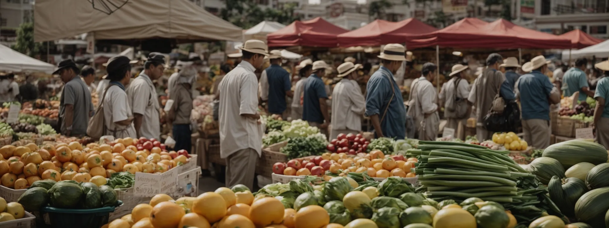 a bustling farmer's market with vendors displaying fresh produce to a community of shoppers.