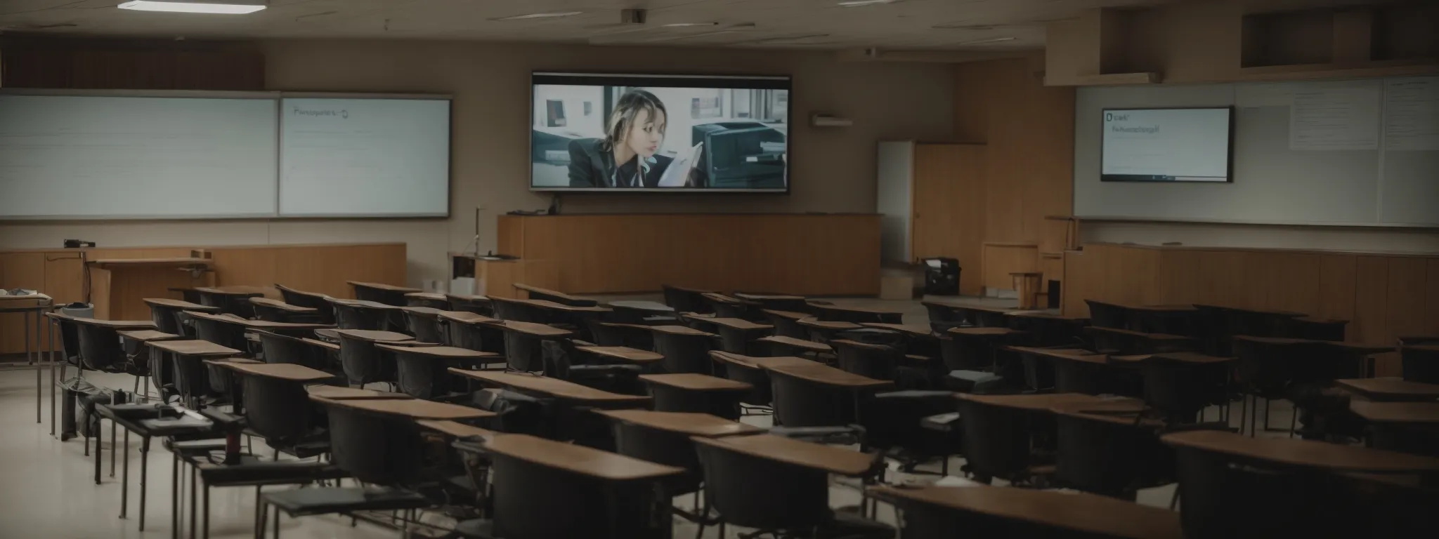 a classroom with empty seats facing a large digital screen displaying a search engine's homepage.