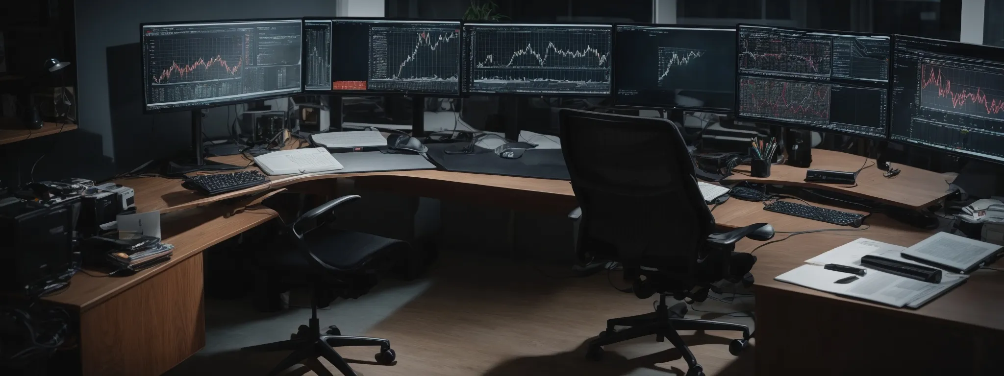 a person sits at a modern desk with a dual monitor computer setup, analyzing complex graphs and charts that represent seo data trends.