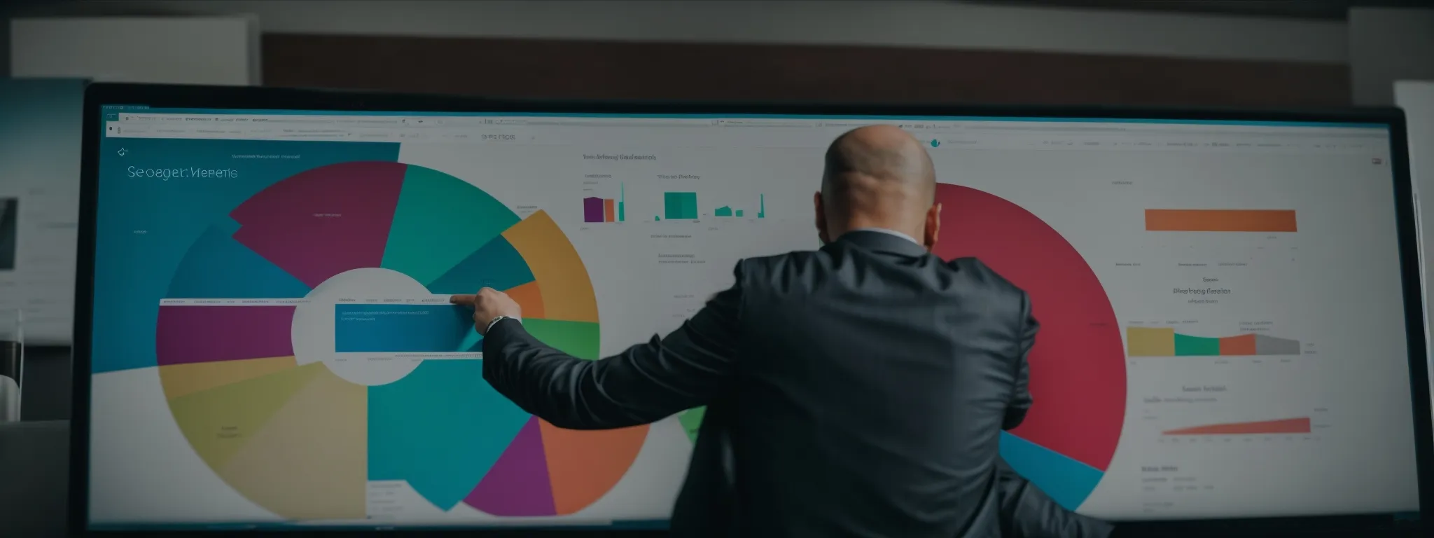 a marketing analyst presents a colorful pie chart on a screen, showcasing seo performance metrics.