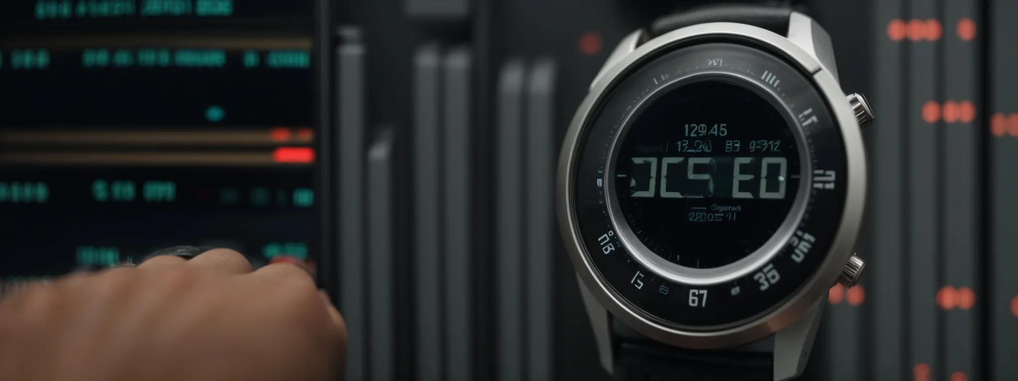 a close-up of a stopwatch in a person's hand against a background of blurred server racks highlights the pursuit of website speed optimization and performance assessment.