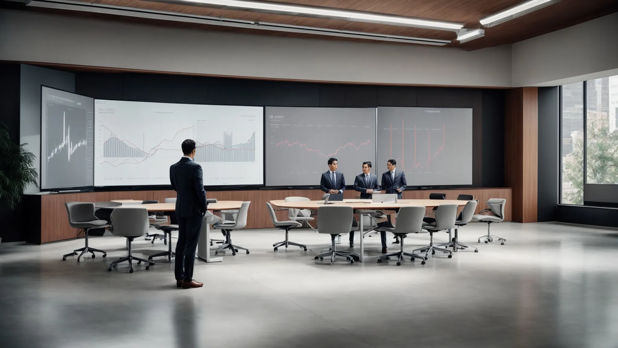 an office meeting room with a large screen displaying graphs and analytics while professionals listen attentively.
