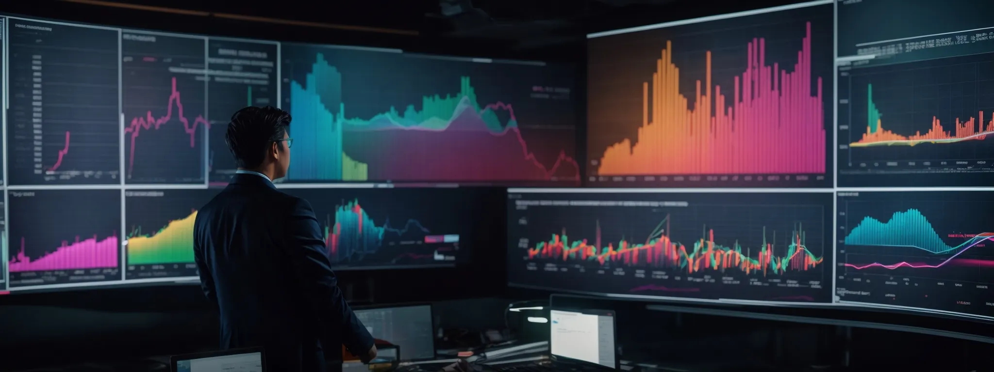 a marketer analyzing data on a large screen displaying colorful graphs and charts related to digital engagement.
