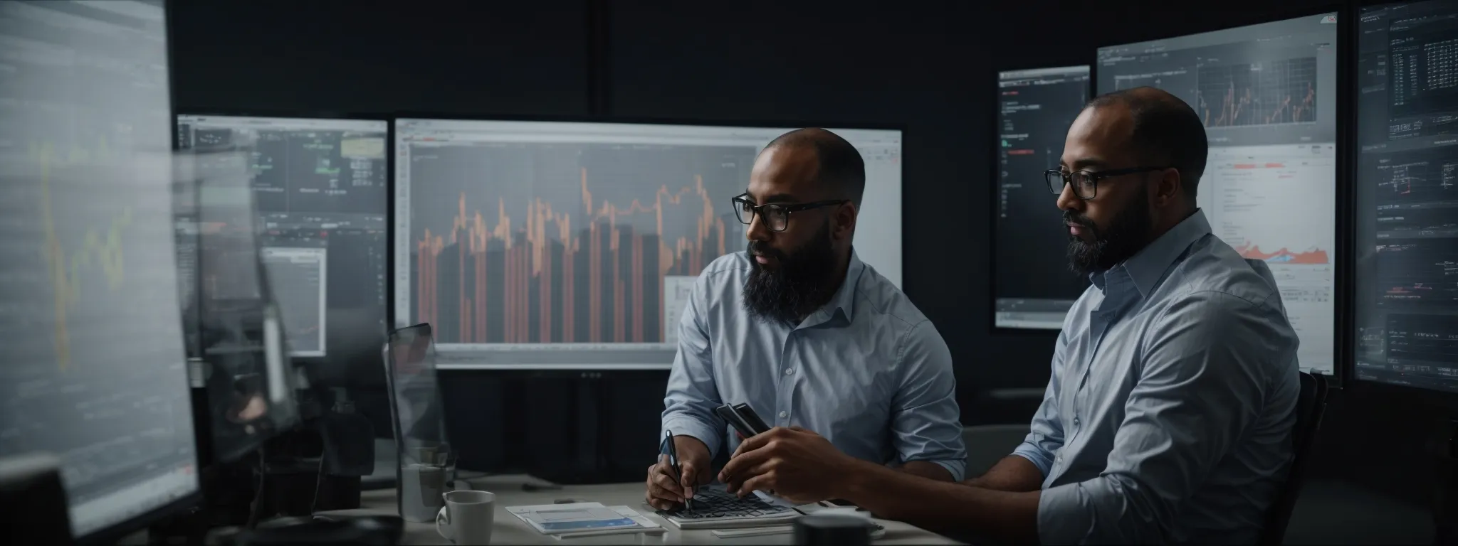 a team of marketers analyzes data graphs on digital screens to strategize their next move in a high-tech office environment.