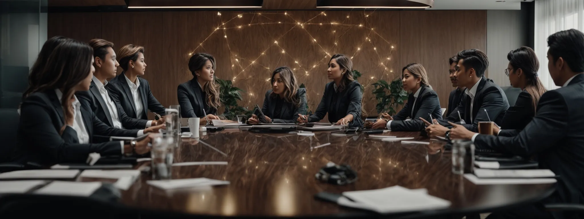 a team of marketing professionals collaborating around a conference table, with a clear vision of digital growth strategies mapped out in front of them.