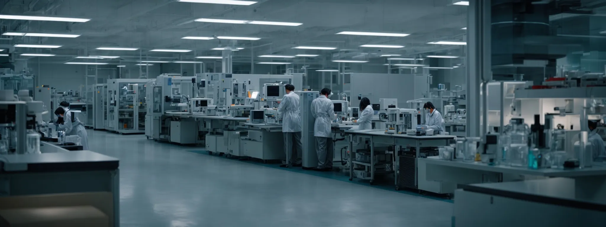 a bustling biotech laboratory with researchers working on high-tech equipment.
