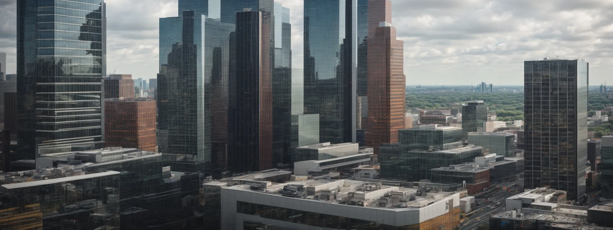 a panoramic view of a bustling corporate skyline with diverse office buildings symbolizing different industries.
