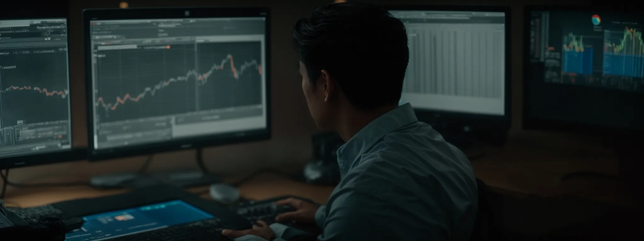 a person intently observing a computer screen filled with performance graphs and timing metrics.