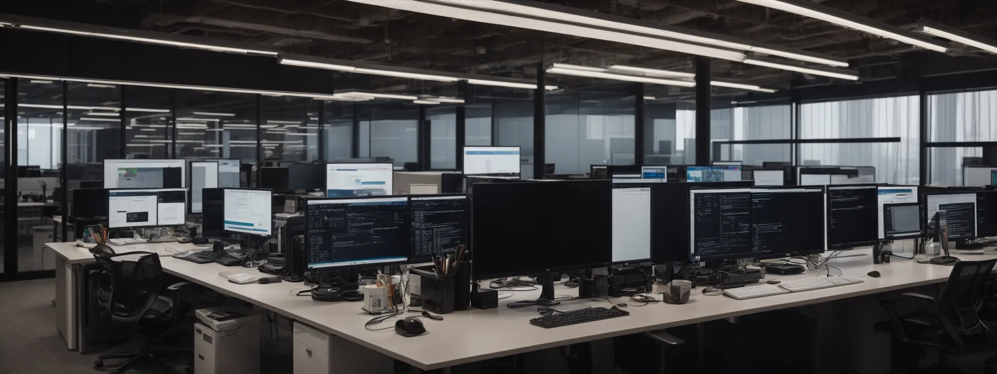 a modern office workspace with multiple computer screens displaying analytics and web development tools.