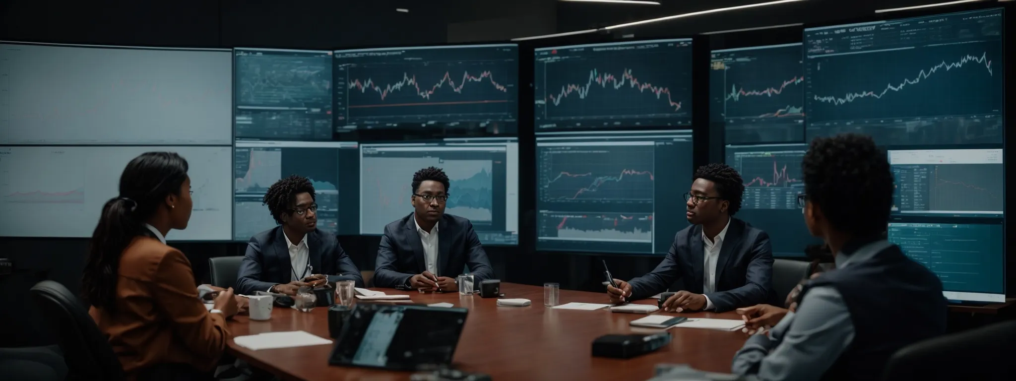 a diverse team gathers around a conference table, intensely discussing charts and graphs projected on the screen.