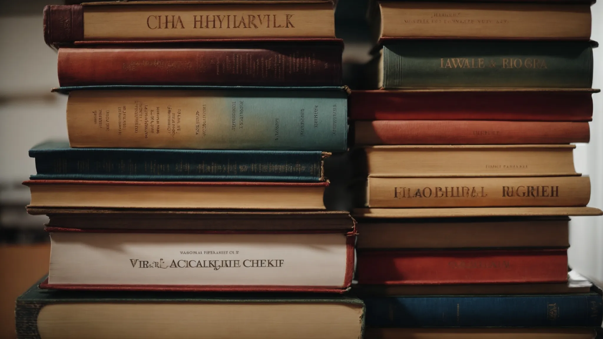 a close-up of a stack of books with clearly visible titles on a wooden desk.