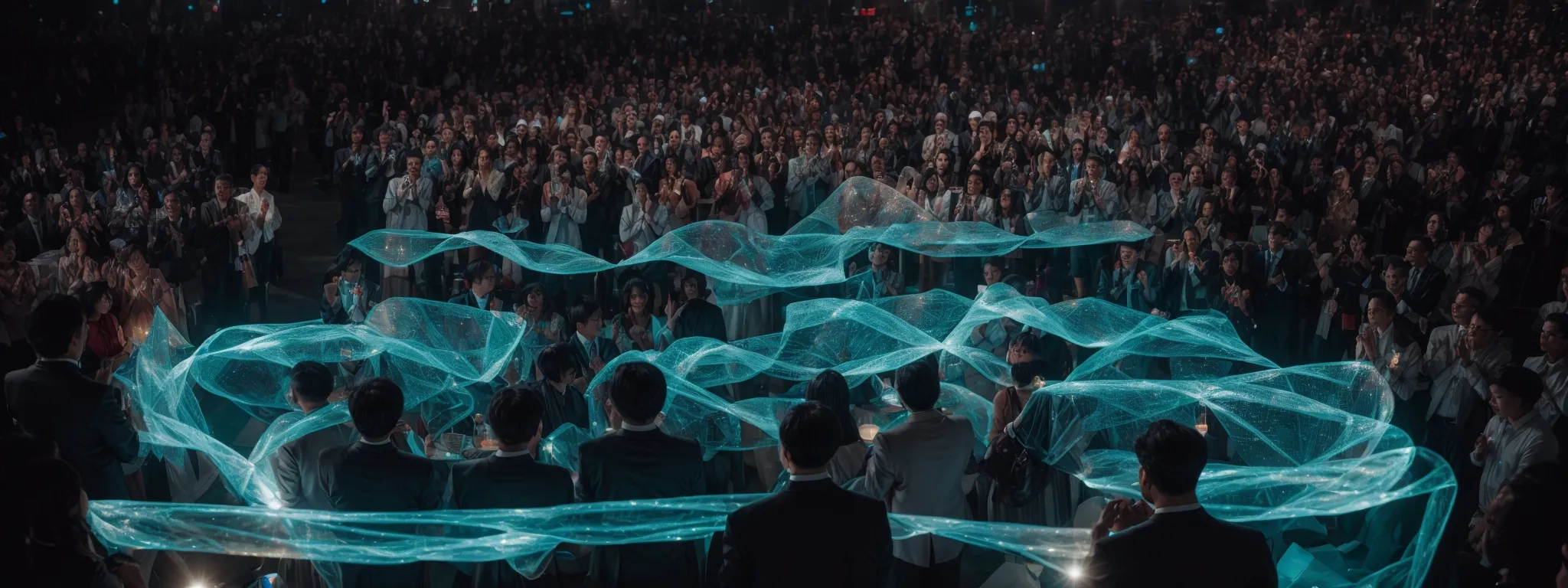 a wide-eyed audience applauds as an innovator on stage unveils a translucent, glowing hologram depicting interconnected neural networks.