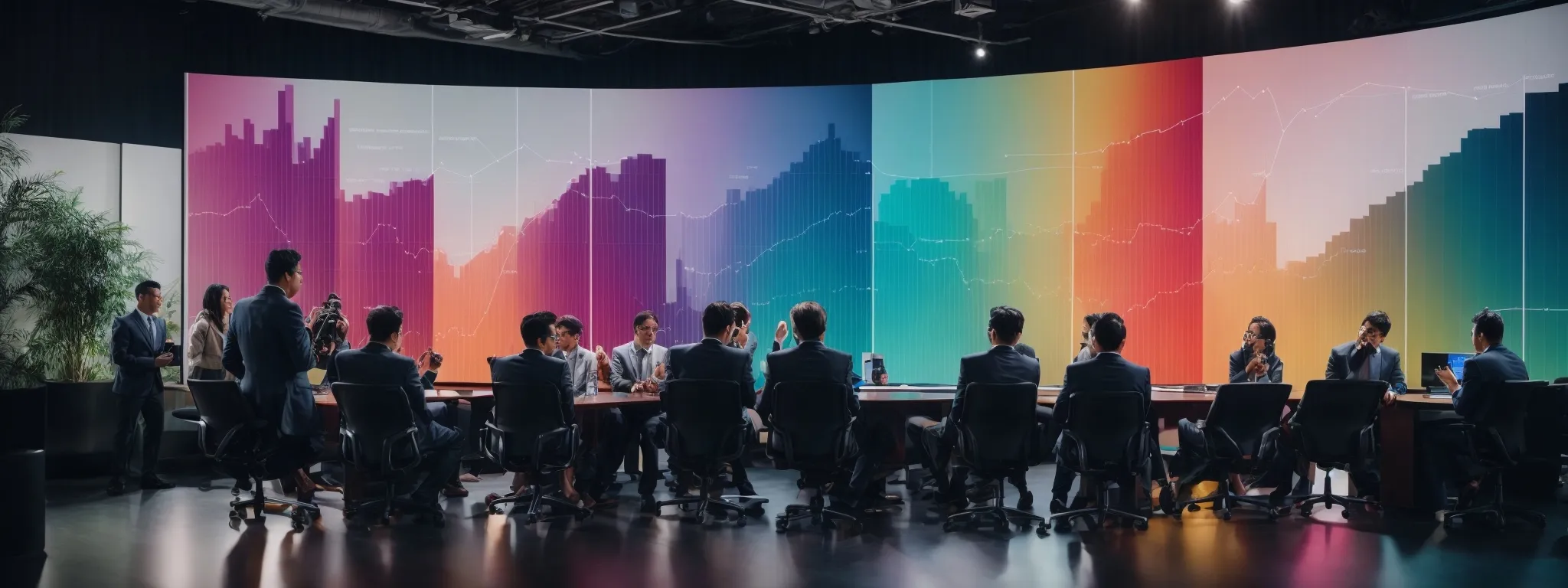 a group of professionals gathered around a large screen displaying colorful analytics graphs, intently discussing strategies.