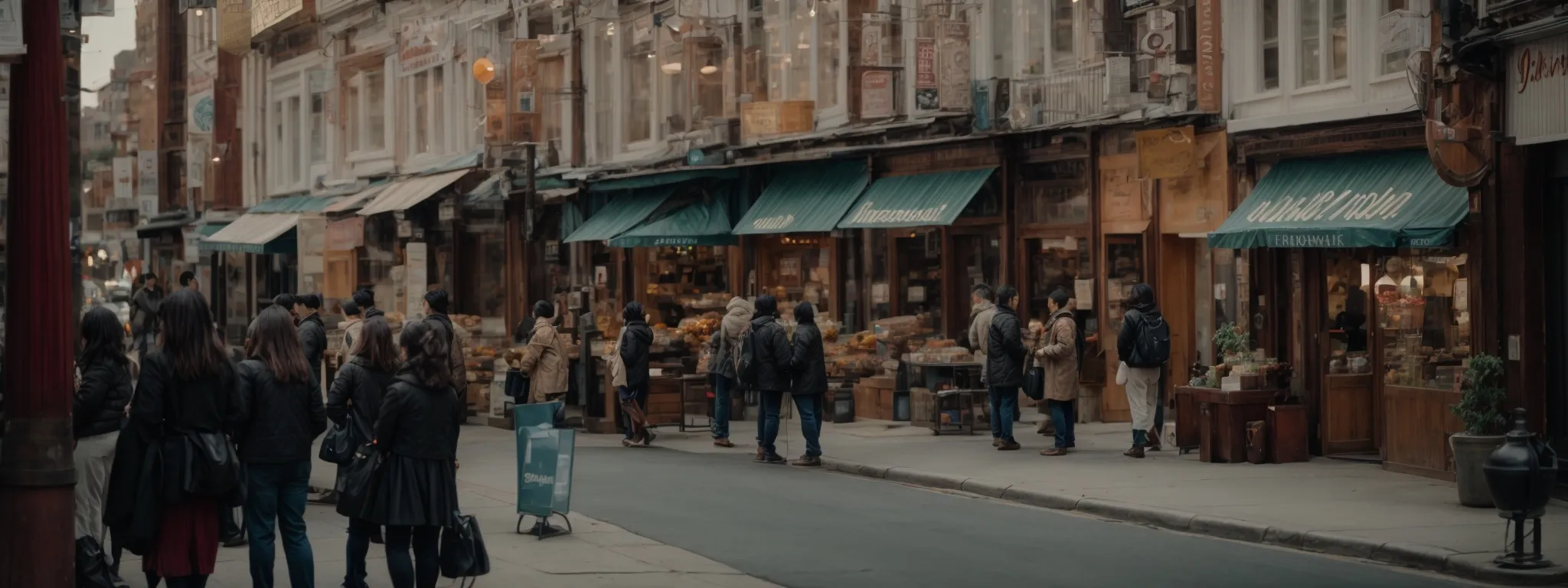 a bustling street view showcasing diverse storefronts with people interacting and engaging with local businesses.