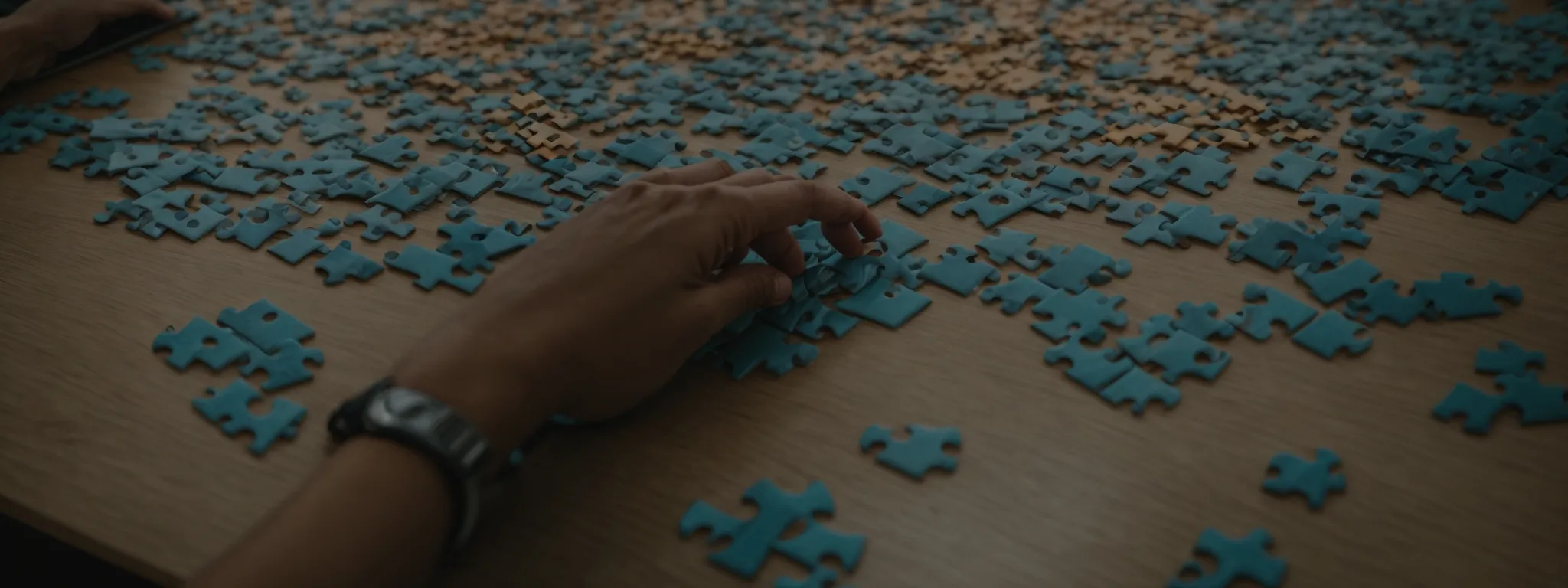 a person thoughtfully placing puzzle pieces on a board, symbolizing strategic planning.