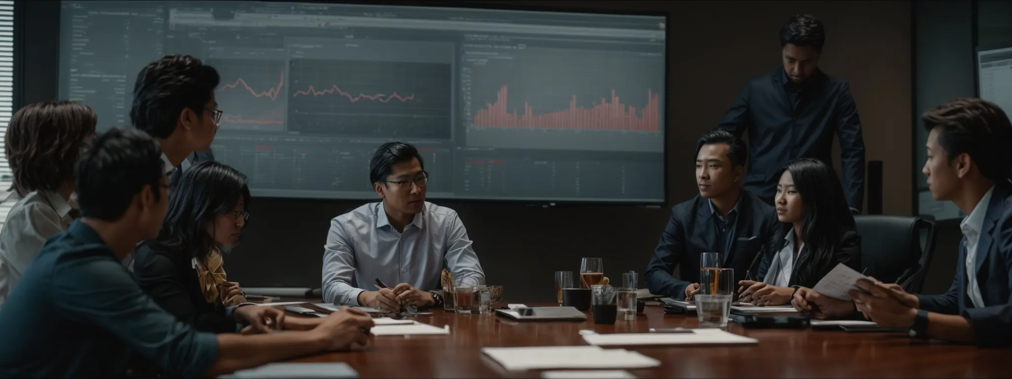 a group of professionals gathered around a large table, actively engaging with charts and graphs displayed on a screen during a strategy meeting.