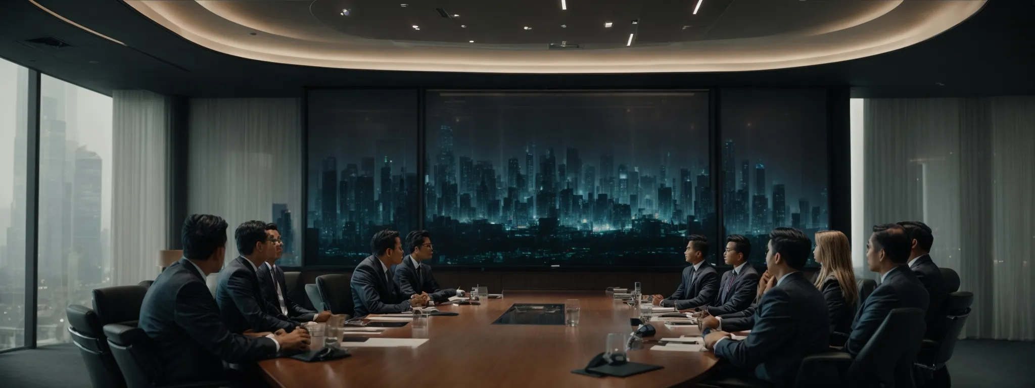 a boardroom with a large screen displaying a futuristic city as executives discuss a sustainable urban development project.