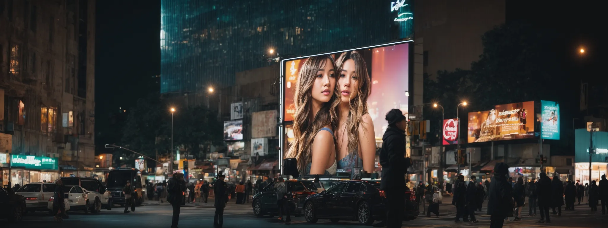a brightly lit billboard on a bustling city street corner, towering above pedestrians and attracting their gaze.