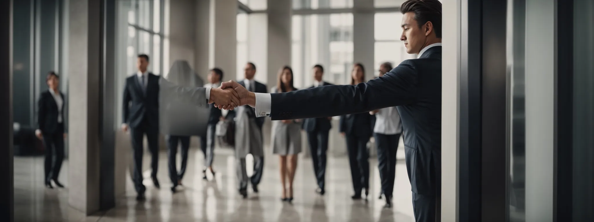 a confident business person offering a firm handshake against a backdrop of a secure, modern website interface.