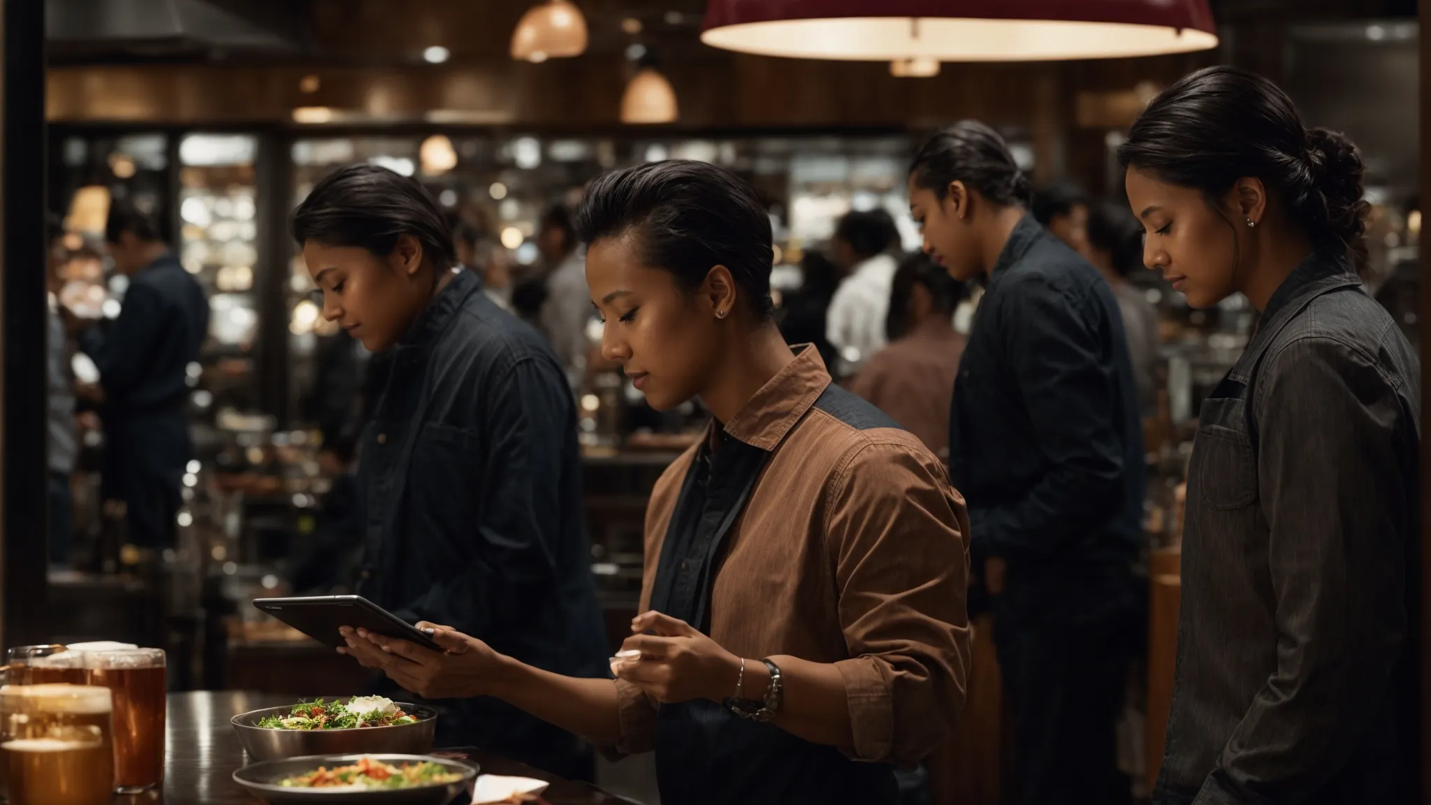 a bustling restaurant with patrons accessing a digital reservation interface on a tablet.