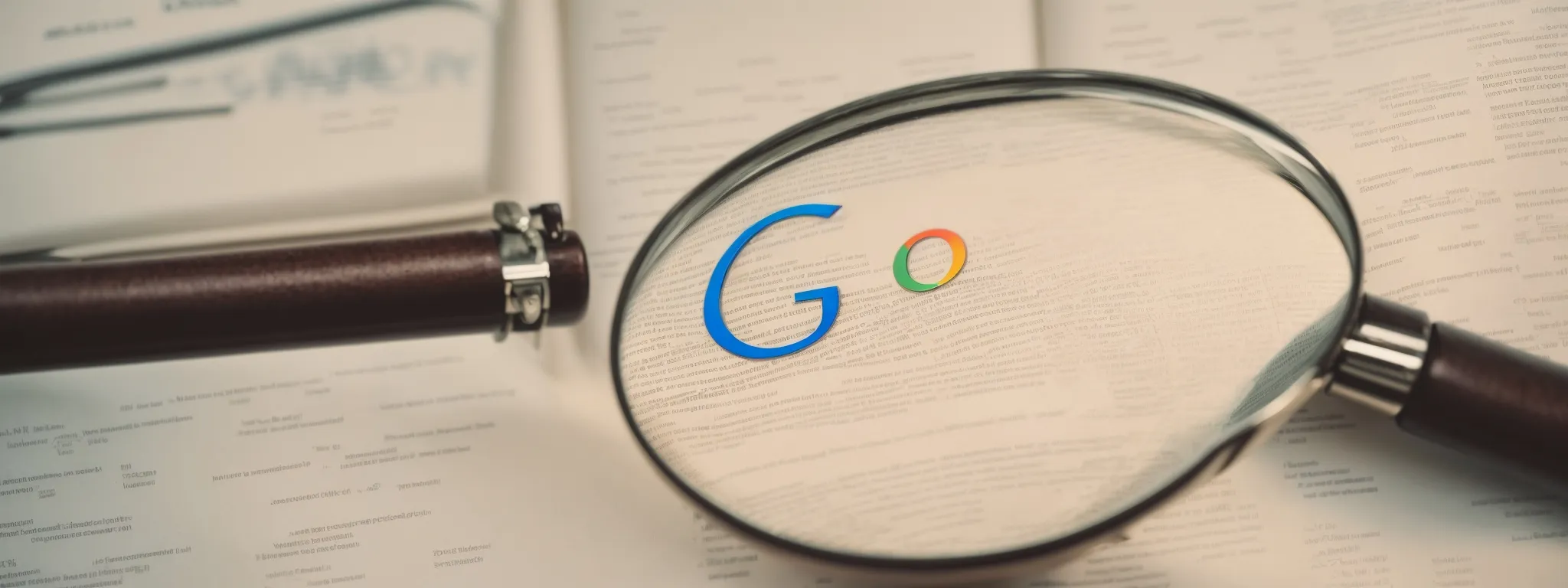 a magnifying glass hovering over a simplified illustration of web pages linked by a network, with a subtle, opaque google logo in the background.