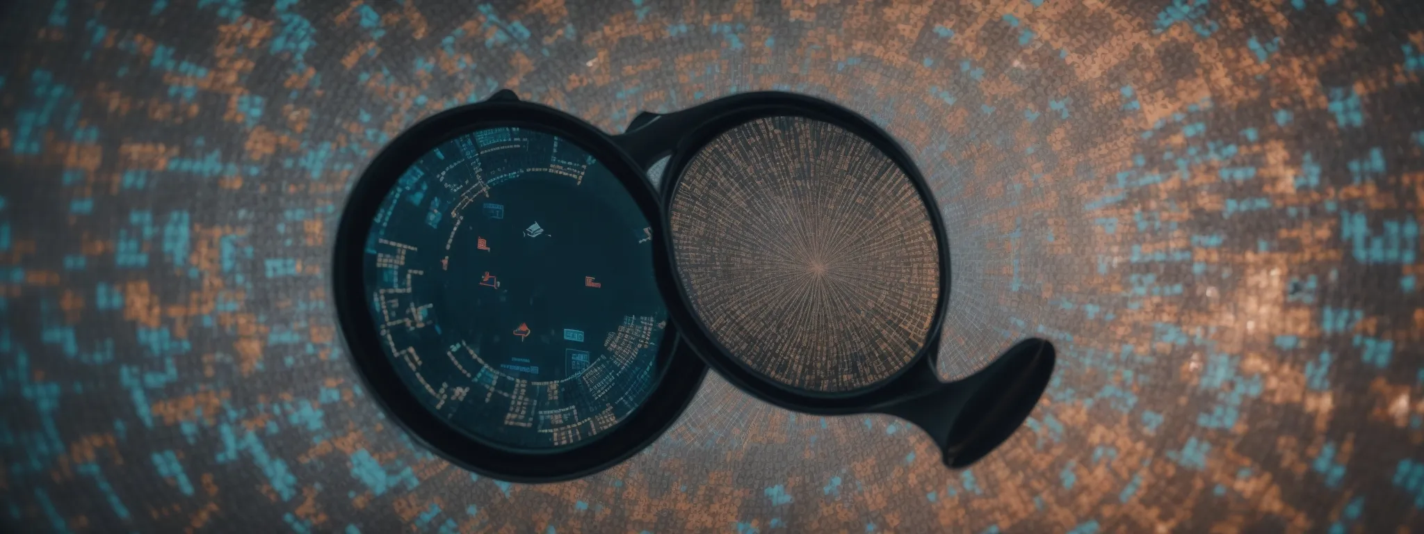 a magnifying glass hovering over a jigsaw puzzle of interconnected digital screens displaying graphs, charts, and social media icons.