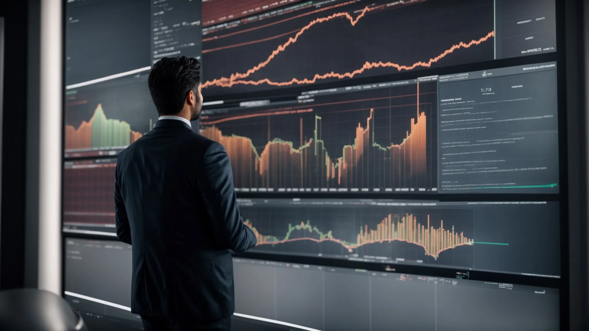 a marketer analyzing graphs on a large screen that display varying user interaction patterns.