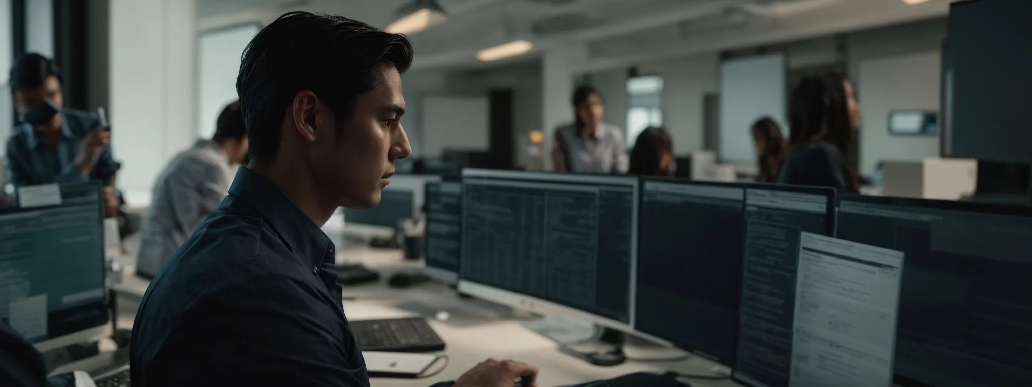 a scene depicting a stern-faced business professional intently examining an seo agency's portfolio on a computer screen in a modern, well-lit office.